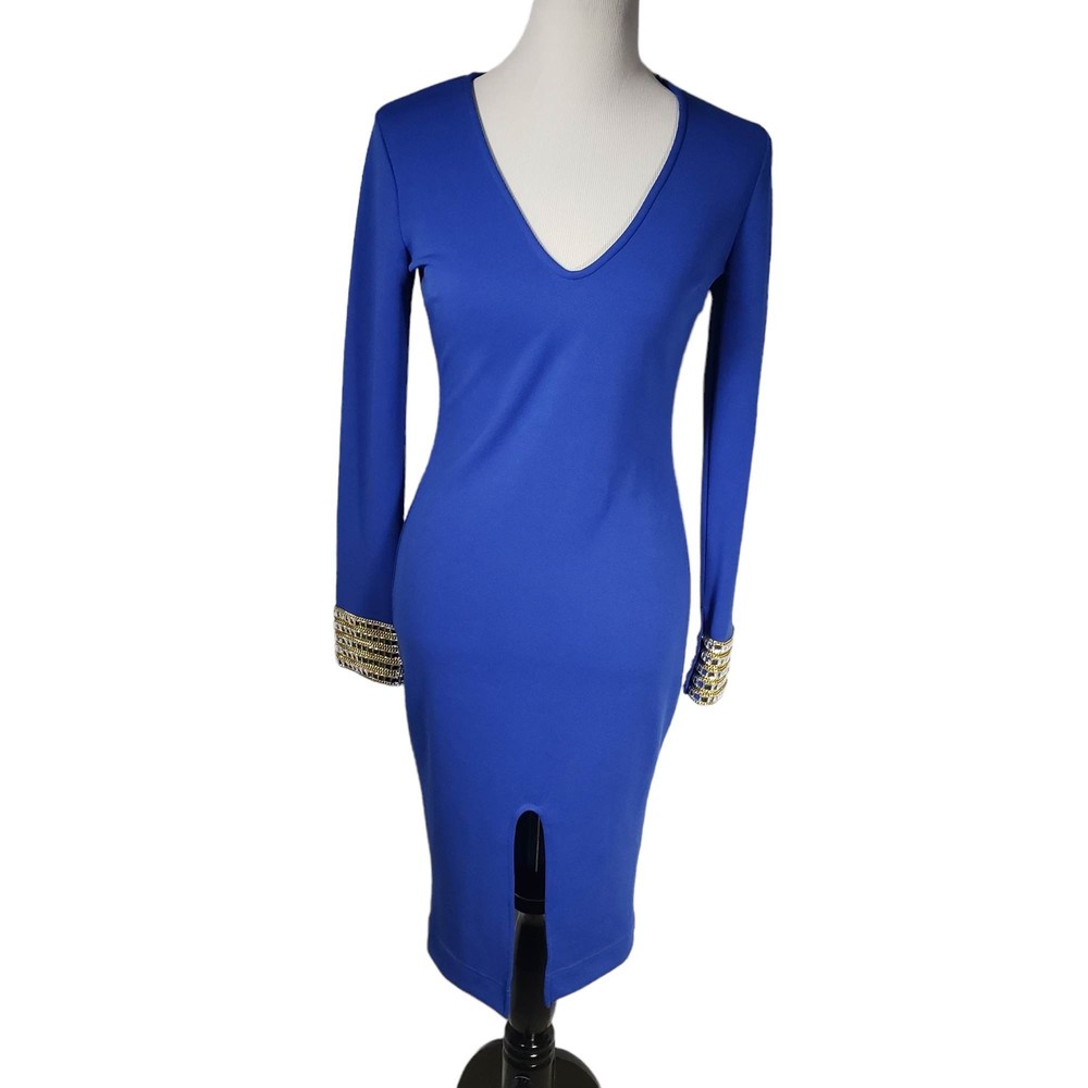 Hot Miami Style HMS Cobalt Blue Medium Bejeweled Long Sleeve Stretchy Dress NWT